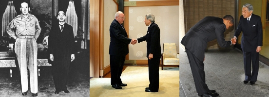 General MacArthur ao lado do imperador Hirohito, ex-vice-presidente Dick Cheney cumprimentando Akihito e o presidente Barack Obama saudando o mesmo. Mudança gradual...